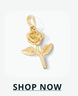 Gold charm shaped like a blooming rose on a short stem with two leaves.  Click here to shop now