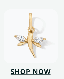 Gold dragonfly charm with two marquise-cut clear crystals. Click here to shop now