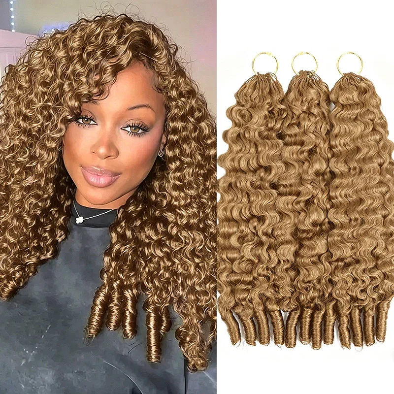 #27 Honey Blonde Burmese Curly Feather Crochet Human Hair Quick Weave with Spiral Curly End Boho Braids Hair Extensions
