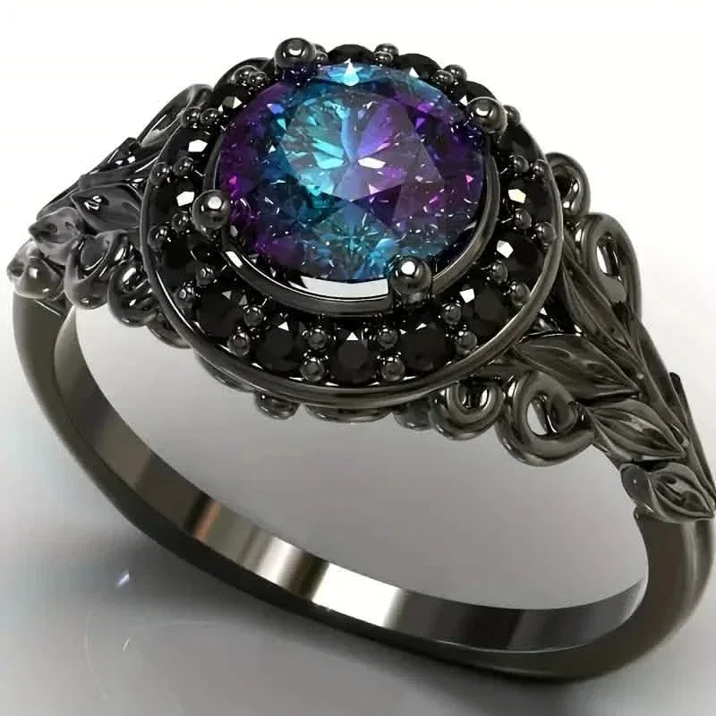 Image of Vintage Gothic Style Synthetic Rainbow Stone Ring with Imitation Black Zirconia