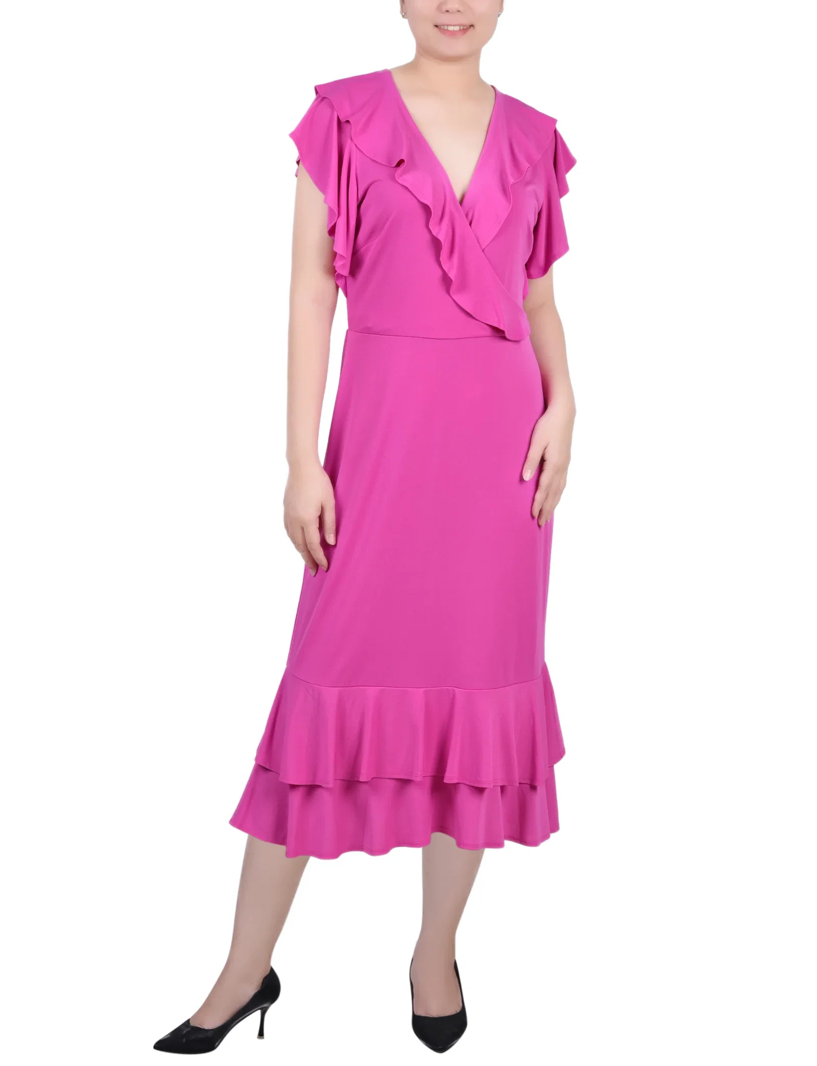 Image of NY Collection Missy Short flutter Sleeve Ruffle Neck Dress - Magenta