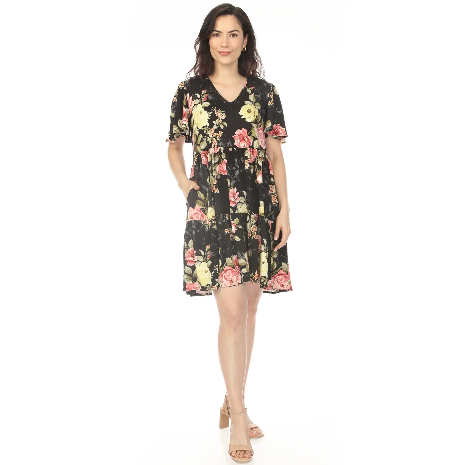 Image of Women's V-Neck Tropical Flower Short Sleeve Dress - Black