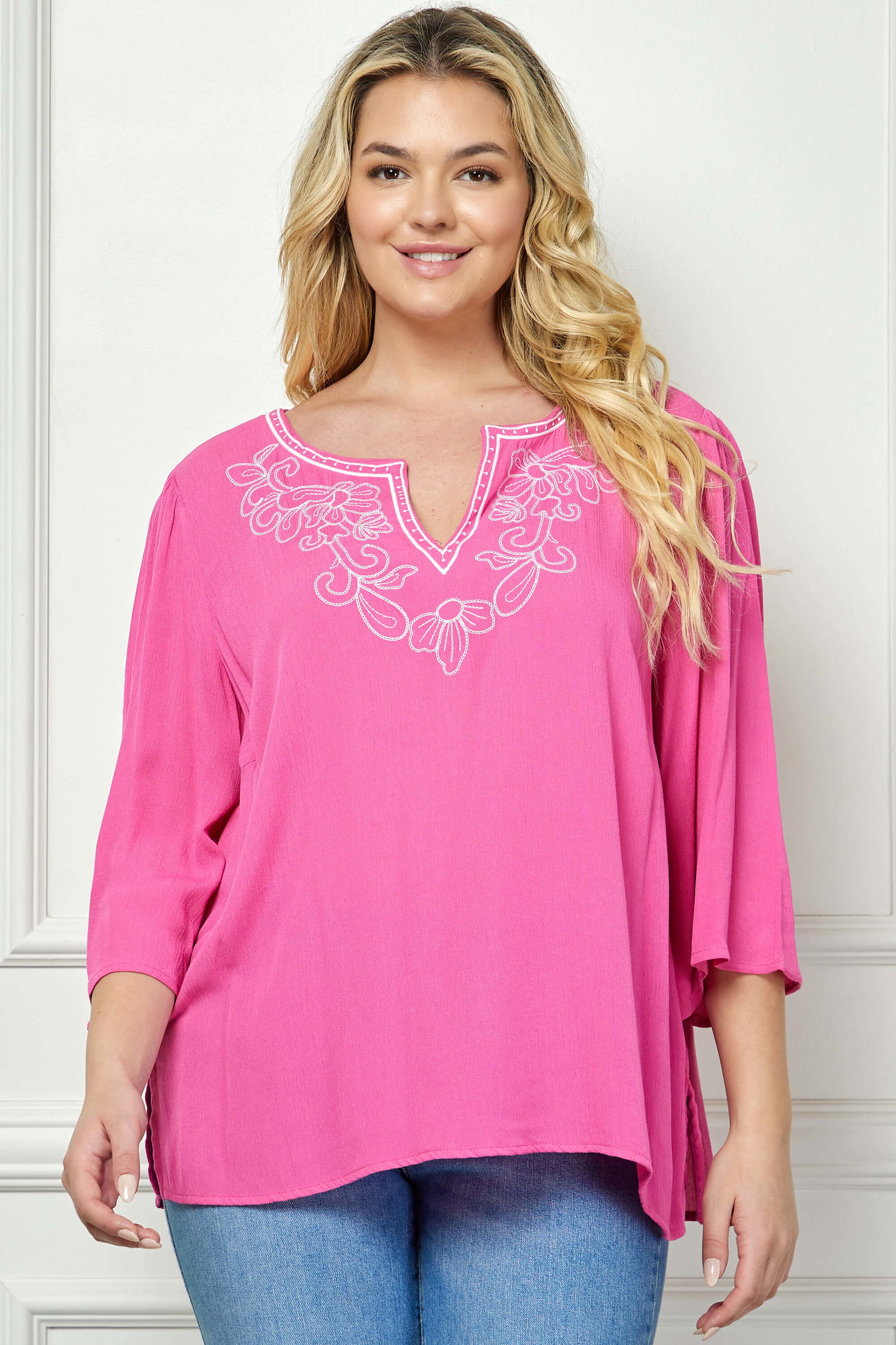 Image of Roz and Ali 3/4 Flare Sleeve Embroidered Yoke Tunic in Pink - Plus