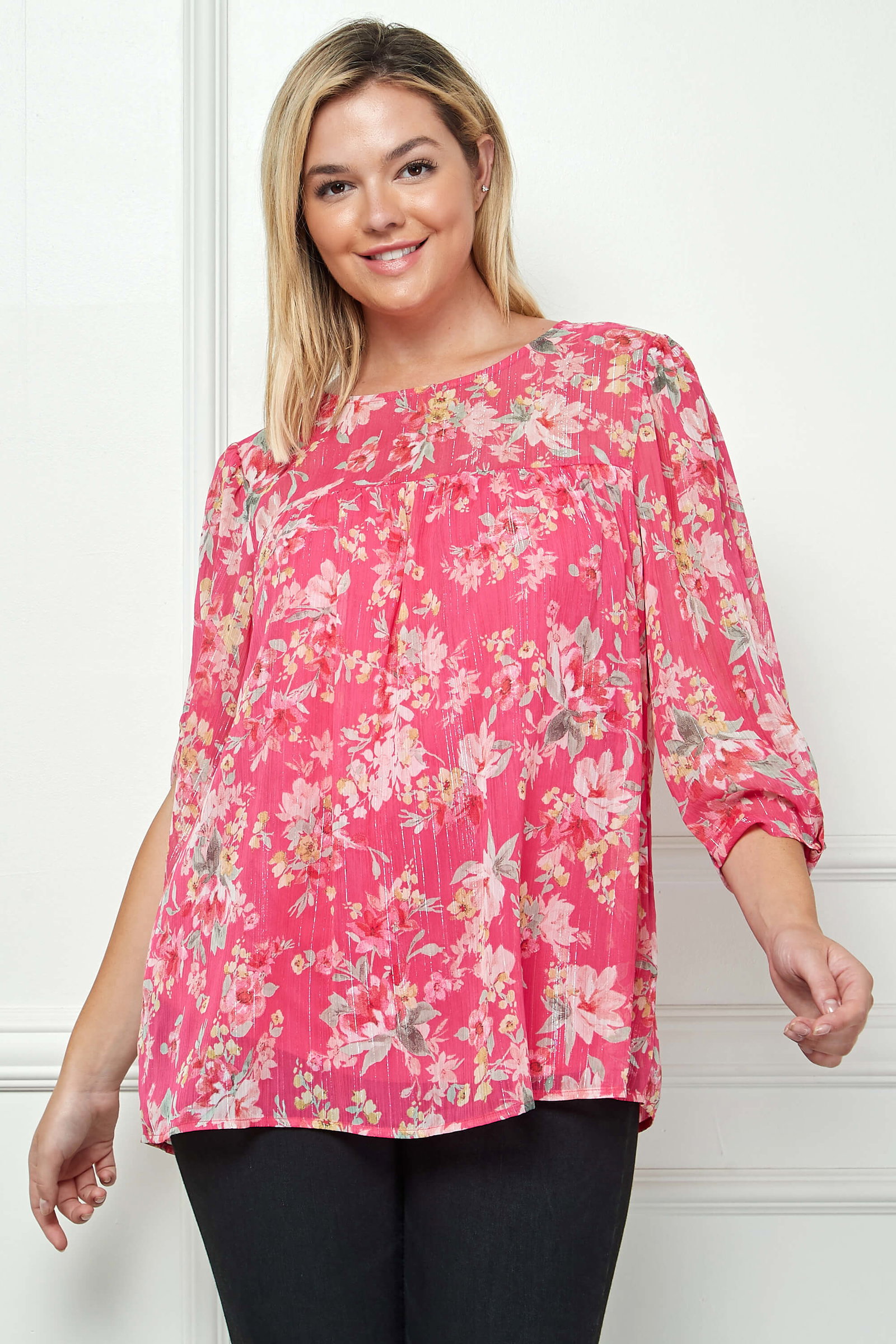 Image of 3/4 Knot Sleeve Scoop Neck Yoke Blouse in Fuchsia Floral - Plus