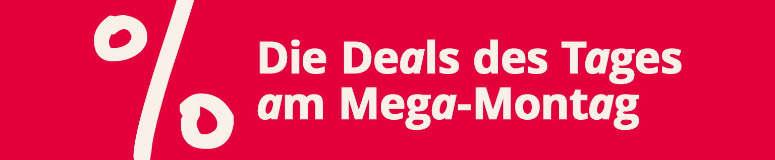 Rote Fläche mit großem Prozentzeichen und der Hinweis auf die Deals des Tages für den heutigen Wochentag.