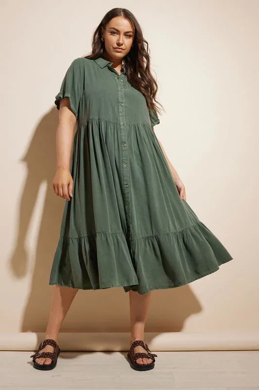 Image of YOURS - Robe-Chemisier Verte Kaki SmockÃ©