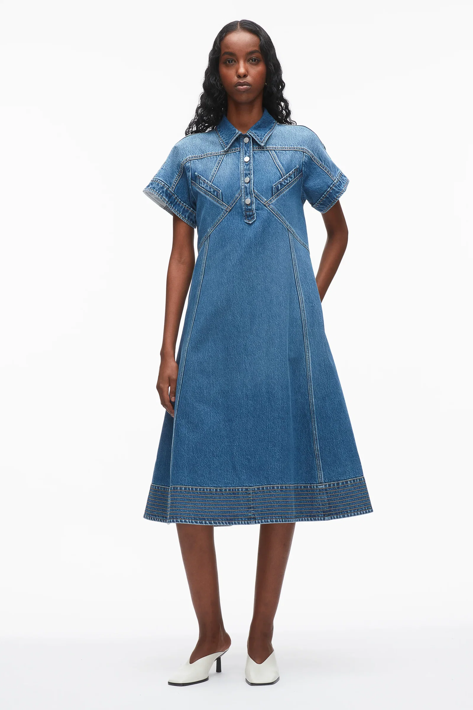 Image of Denim Trapeze Shirt Dress