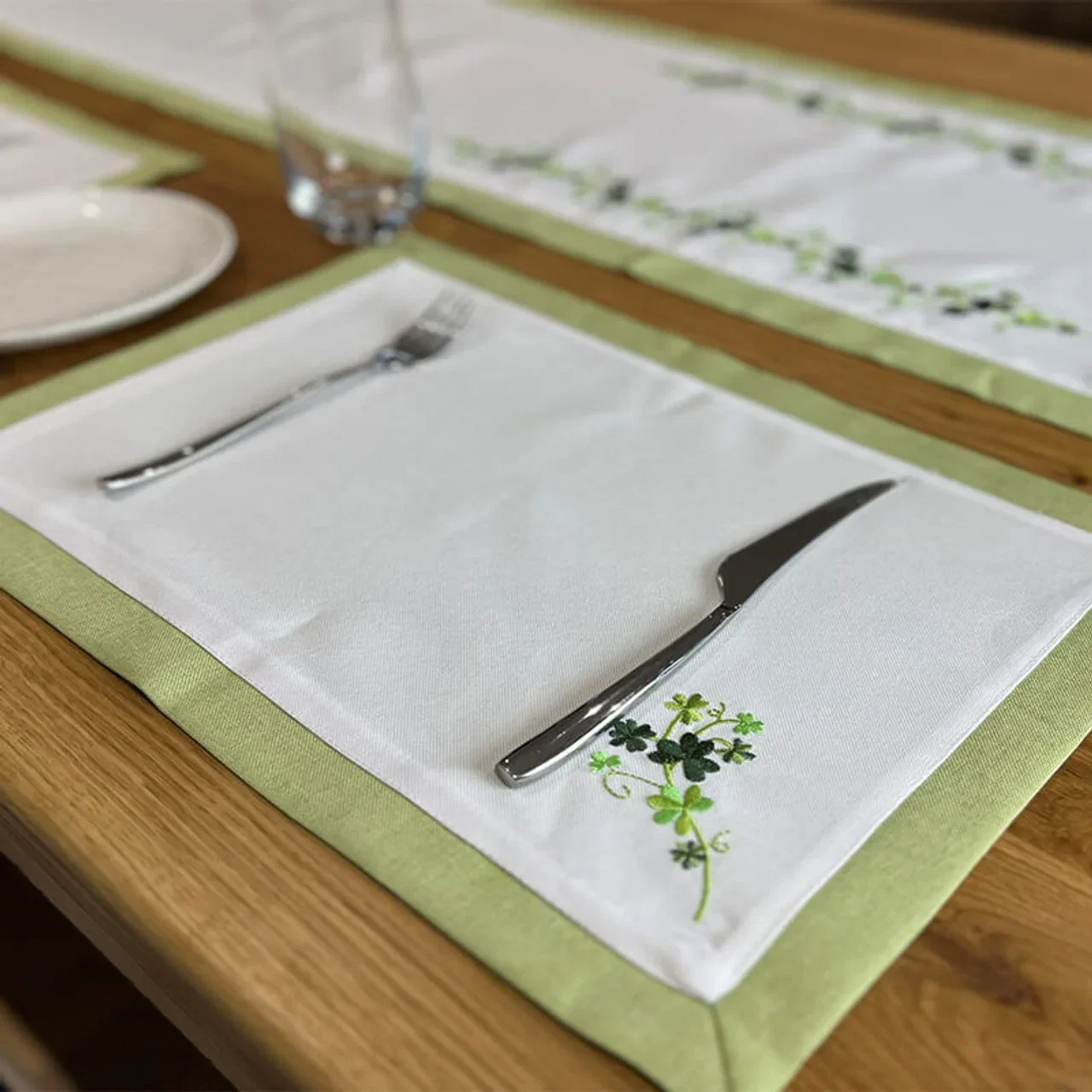 Image of Irish Linen Embroidered Shamrock Placemat Set of 2