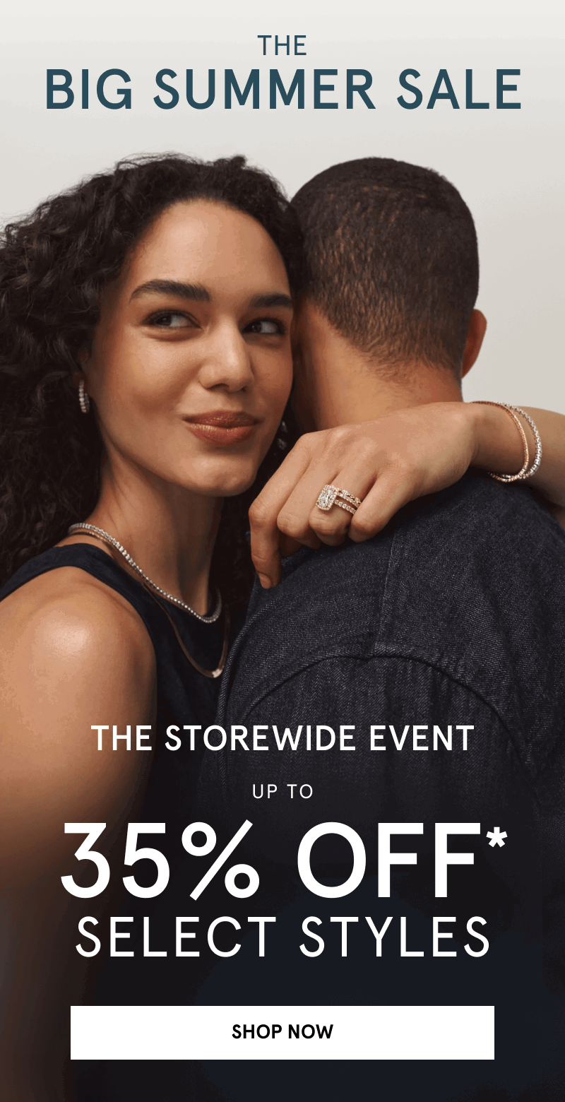 A model wearing gold diamond jewelry embraces another model. Big summer sale, up to 35% off select styles. Click to shop now