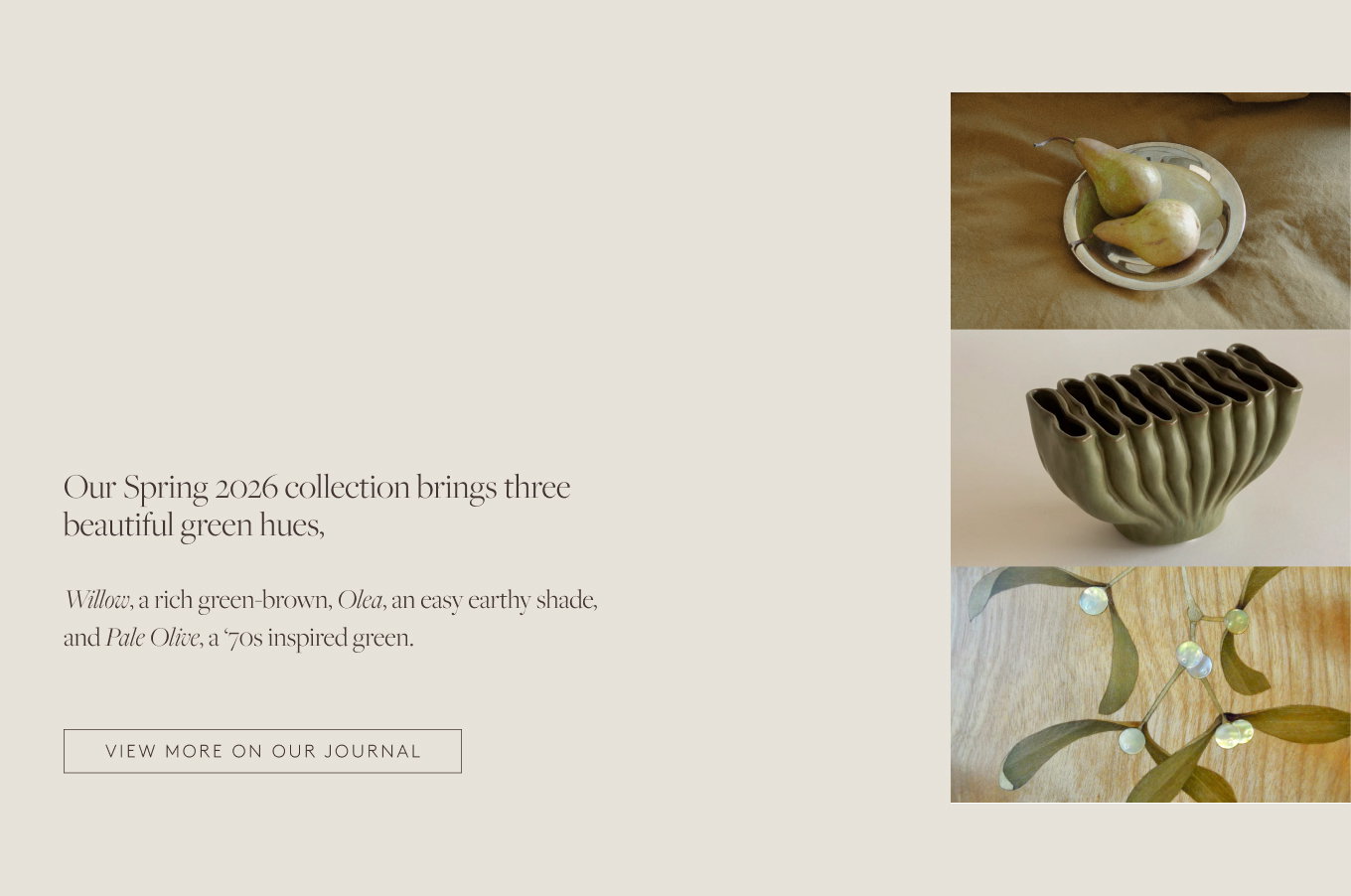 Three images of green objects: pears in a dish, wavy vase, leaves on wood
