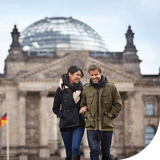 A couple explores a European city.