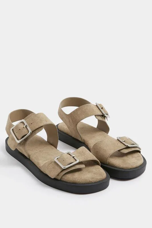 Image of Taupe Brown Buckle Chunky Sandals In Wide E Fit