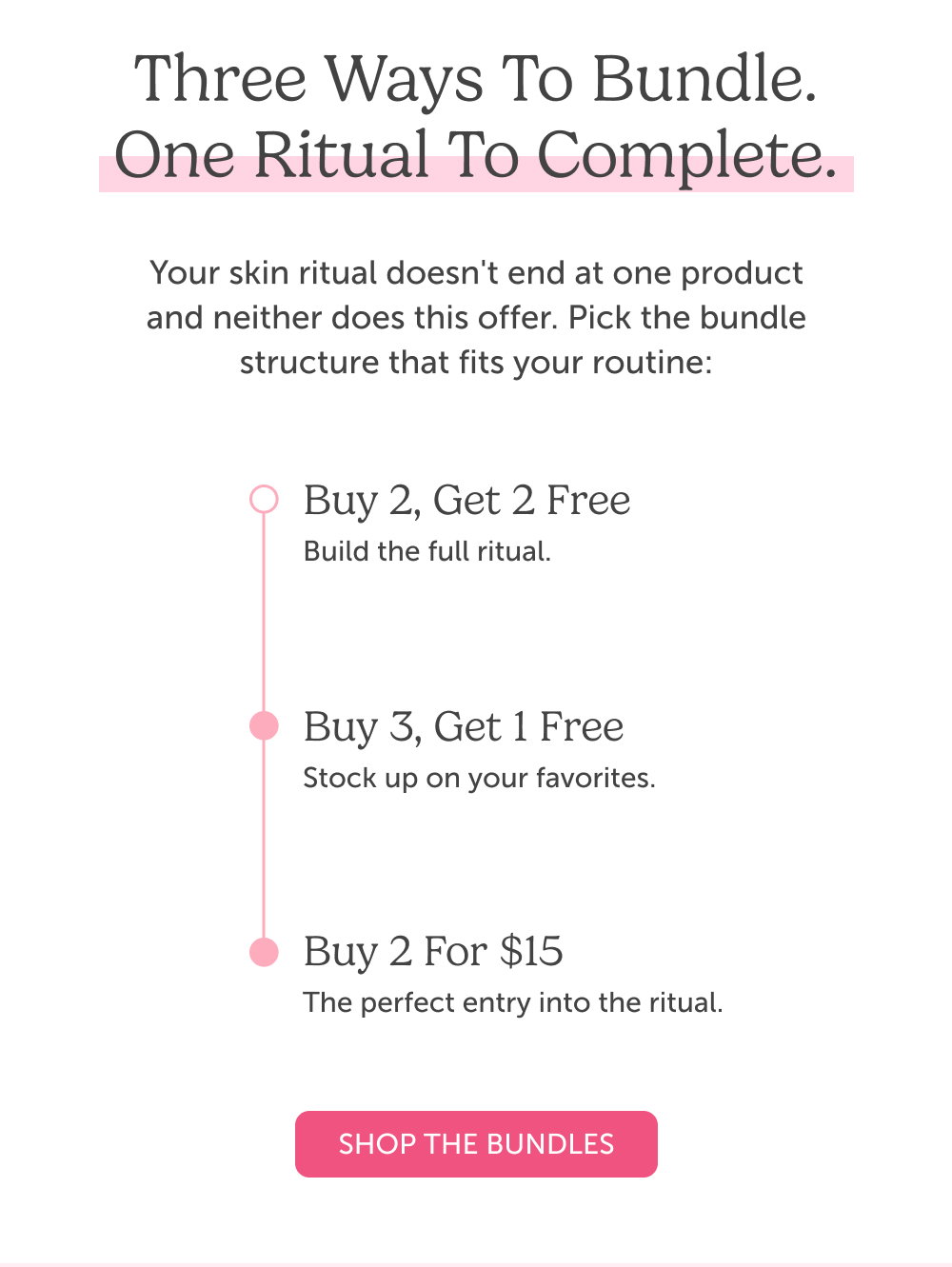 Three ways to bundle. One ritual to complete. Your skin ritual doesn't end at one product and neither does this offer. Pick the bundle structure that fits your routine: