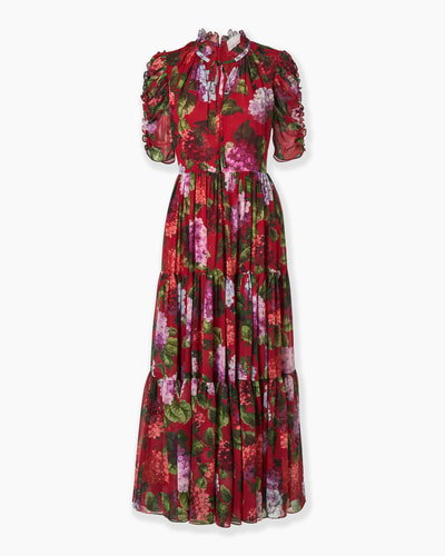 Hydrangea-Print Tiered Chiffon Dress