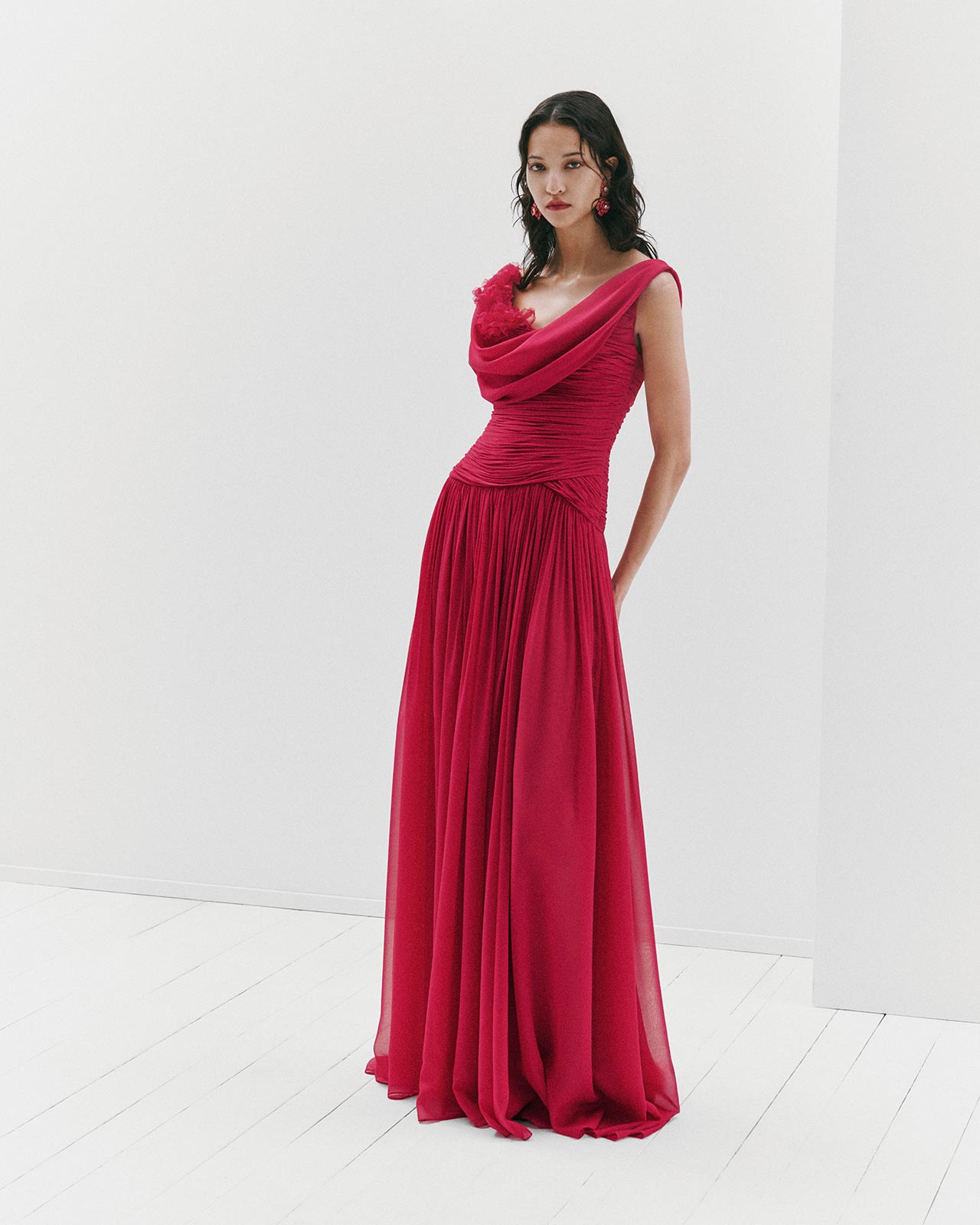 Draped Chiffon Gown with Floral Embellishment