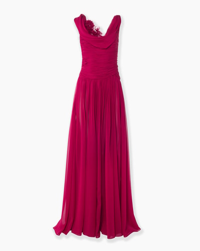 Draped Chiffon Gown with Floral Embellishment