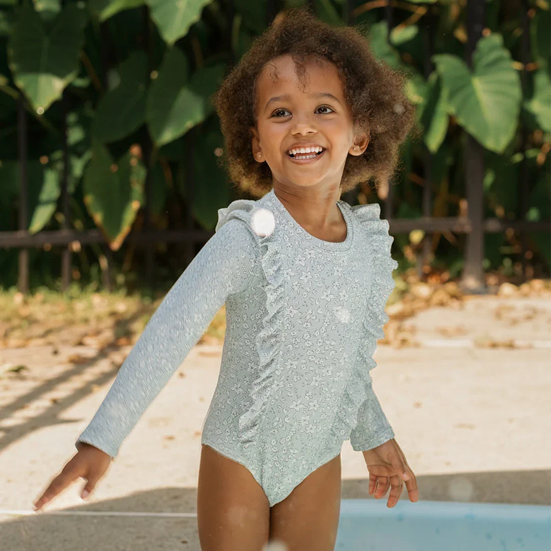 Image of Vintage Flowers Print on Powder Blue Long-Sleeve One-Piece Swimsuit