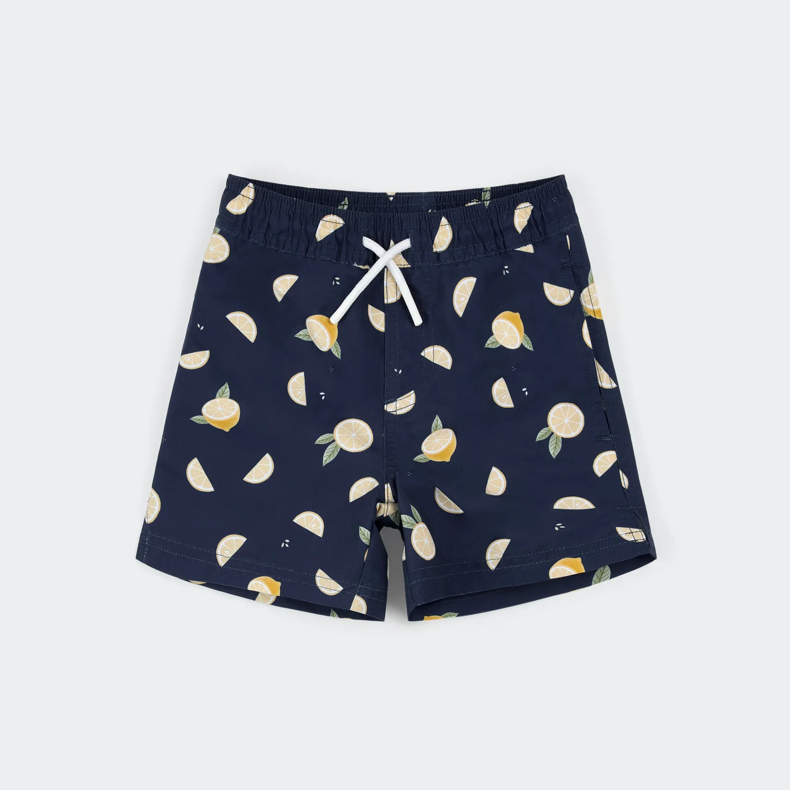 Image of Lemon Print on Navy Swim Trunks