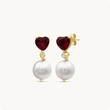 Heart-Shaped Created Ruby Pearl & Diamond Drop Earrings in 10k Yellow Gold