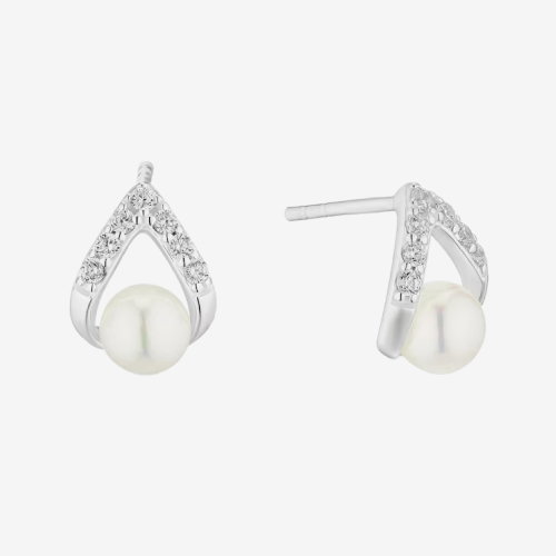 Sterling Silver Cubic Zirconia & Cultured Freshwater Pearl Teardrop Stud Earrings