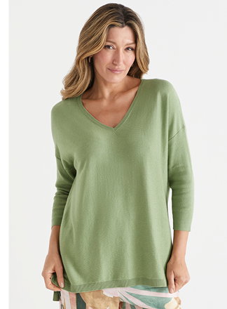 Straight Hem V-Neck Jumper in Sage Green