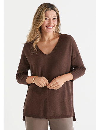 Straight Hem V-Neck Jumper in Chocolate