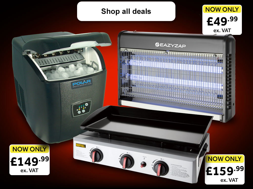 Montage of a Polar Ice Machine, Eazyzap Electric Fly Killer and Buffalo 6 Burner Combi BBQ Grill and Griddle 