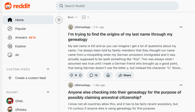 Reddit screenshot showing genealogy-related posts