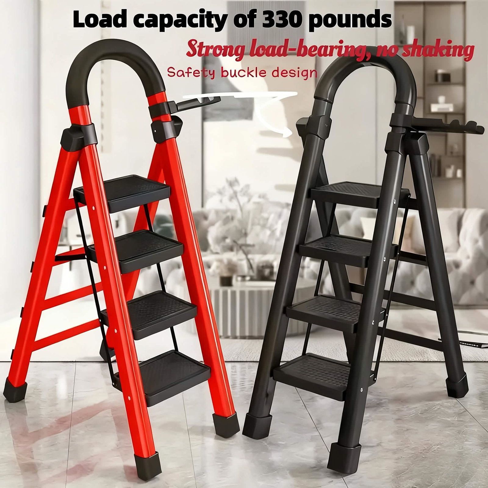 Image of Folding 3/4-Step Ladder – Portable Steel Step Stool, Anti-Slip