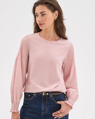 Petites Australian Cotton long sleeve smocked knit/woven top
