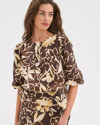 Petites European linen 3/4 sleeve trim detail blouse