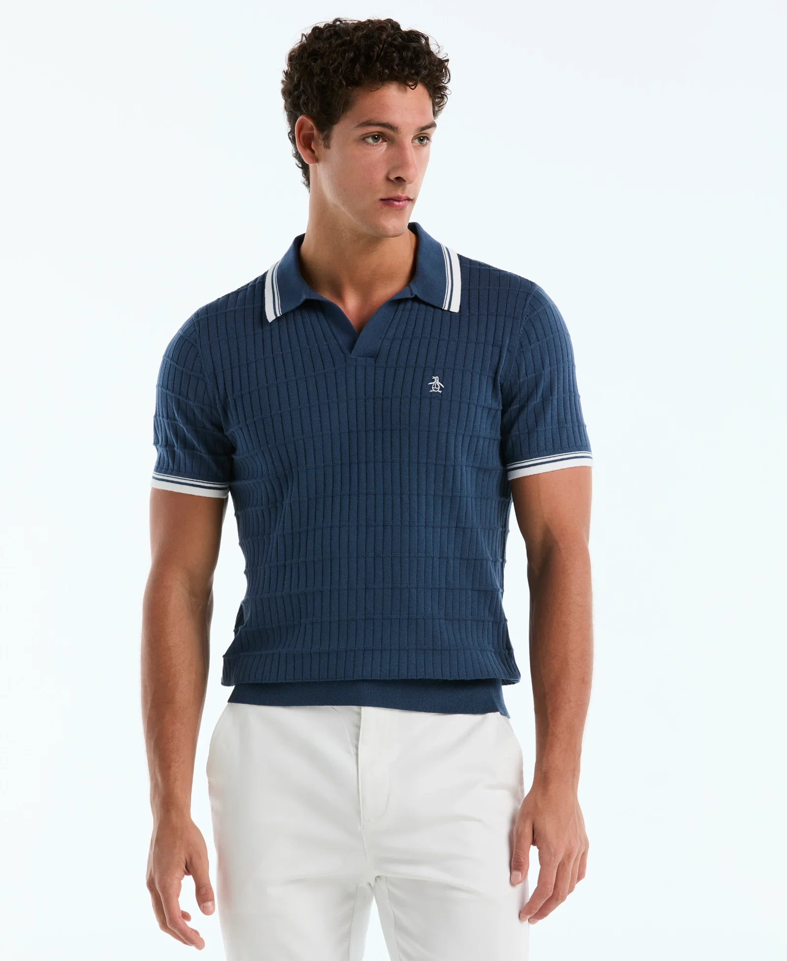 Image of Grid Knit Johnny Collar Sweater Polo
