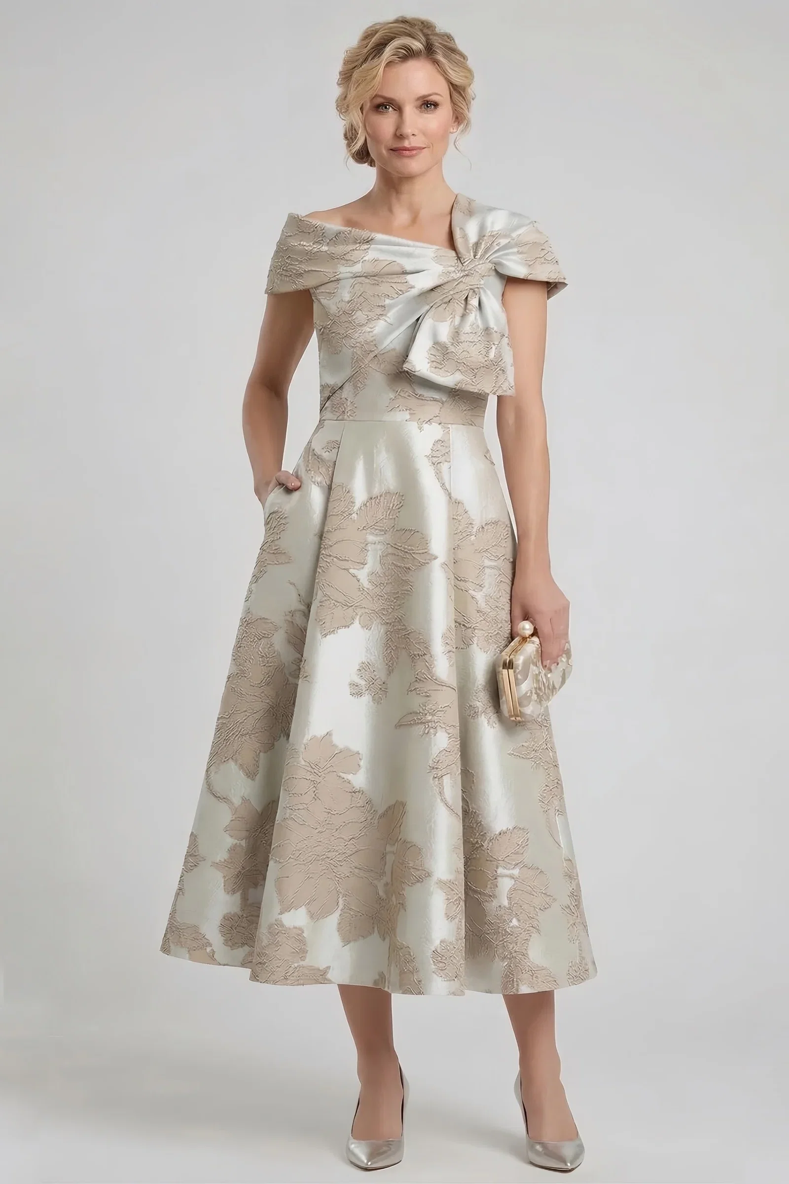 Image of A-Line Tea Length Jacquard Mother of the Bride Dress CM0413
