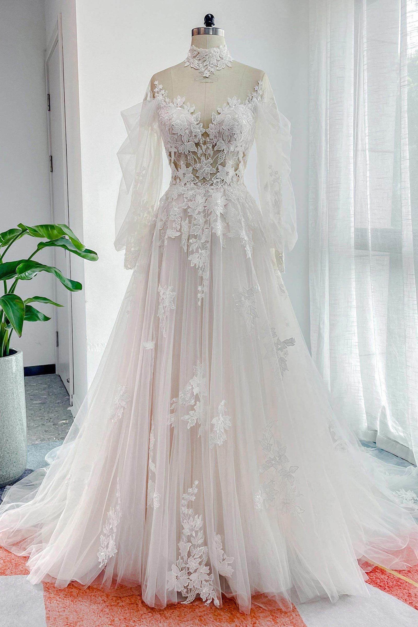 Image of A-Line Court Train Lace Tulle Wedding Dress CW3156