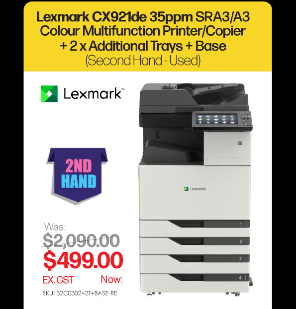 2nd Hand Lexmark CX921de 35ppm SRA3/A3 Colour Multifunction Printer/Copier + 2 Additional Trays + Base - Was $2,090, Now $499 Ex GST
