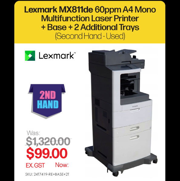 2nd Hand Lexmark MX811de 60ppm A4 Mono Multifunction Printer + 2 Extra Trays + Base - Was $1,320, Now $99 Ex GST
