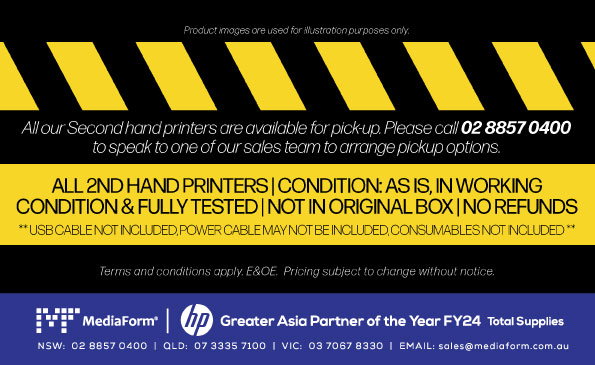 All 2nd Hands Working Condition, As Is & Fully Tested. Not in Original Box, No Refunds, USB Cable / Power Cable / Consumables may not be included. Contact us @ MediaForm for more 2nd hand printers or devices