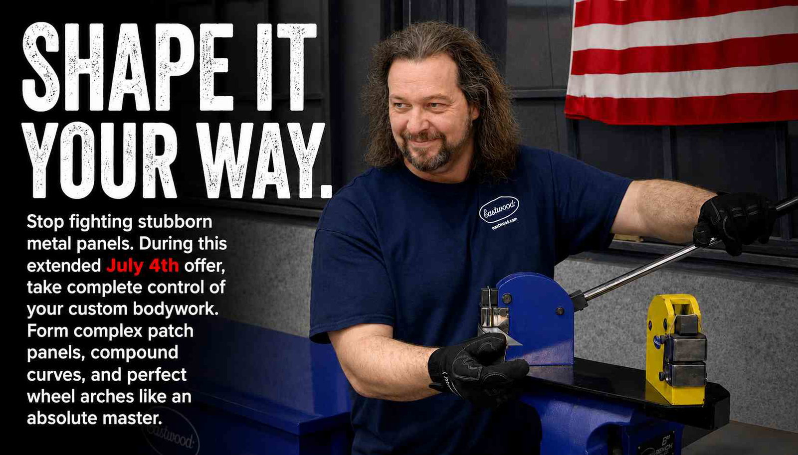 Metal shaping tools and an American flag, promoting custom bodywork.