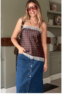 LTS Tall Chocolate Brown Polka Dot Asymmetric Lace Cami Top