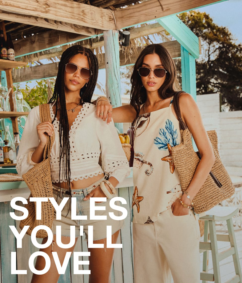 Model wearing a brown co-ord set with loose trousers and an off-shoulder top, styled with sandals, bangles, and a headscarf, sitting on a pouffe with “25% Off Your Personalised Edit” promotional text.