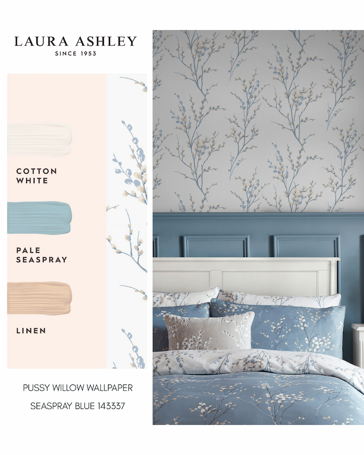 Laura Ashley Pussy Willow Wallpaper Seaspray Blue 143337