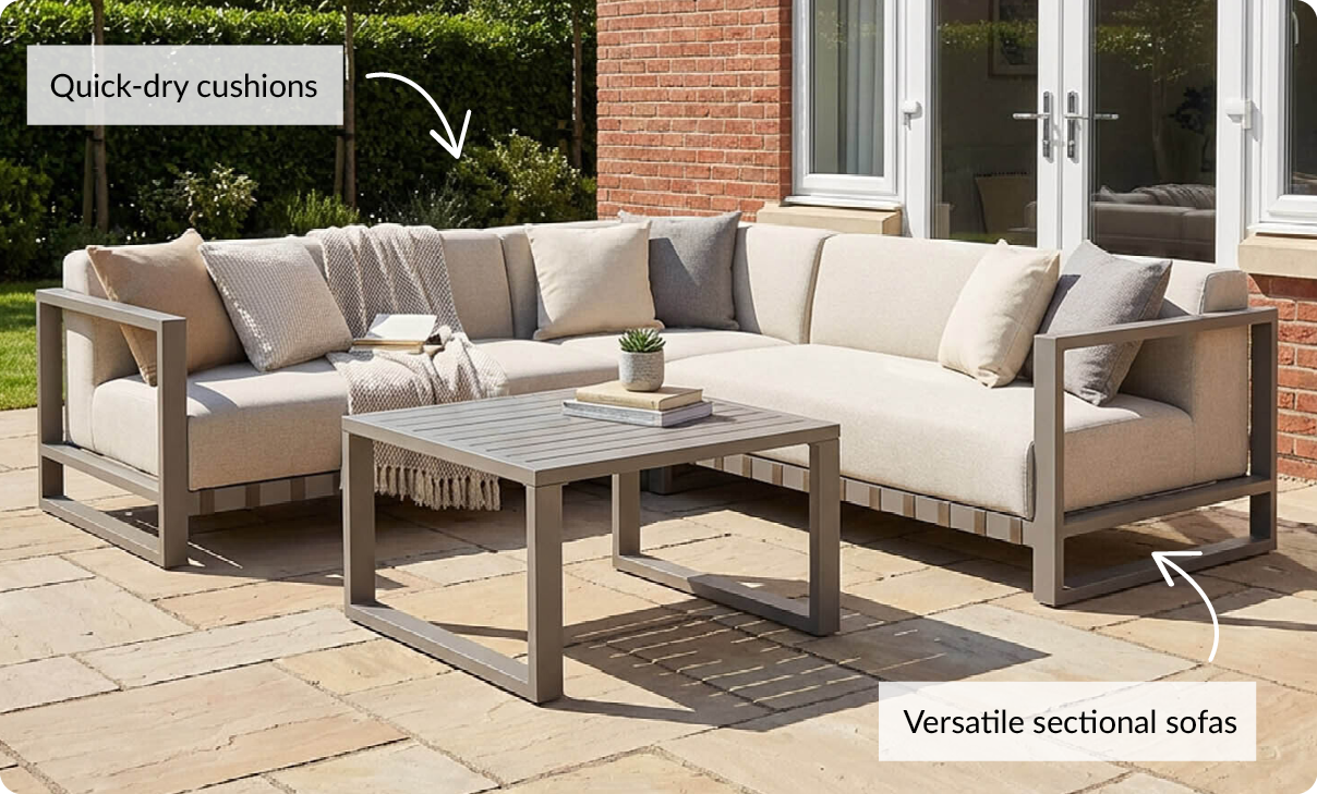 Quick-dry cushions, versatile sectional sofas