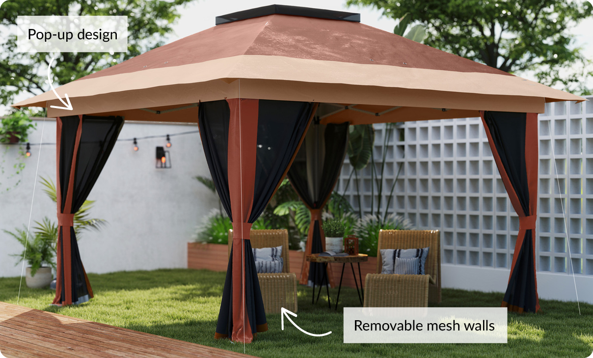 Pop up design, removable mesh walls