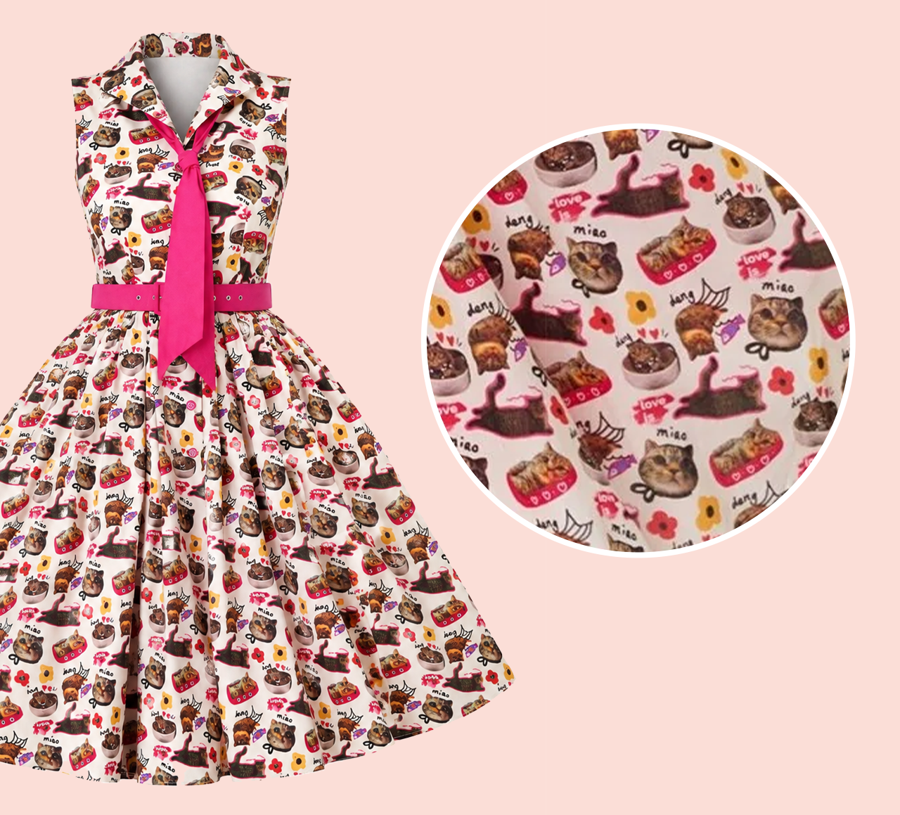 Unique Vintage White Kitschy Cat Print Edith Swing Dress