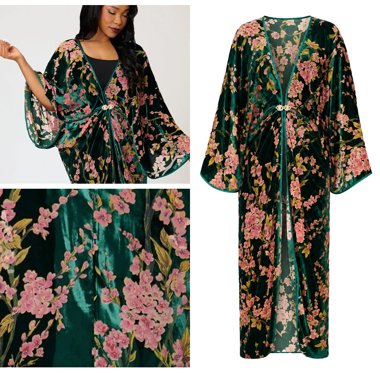Unique Vintage Green Floral Embossed Velvet Long Kimono