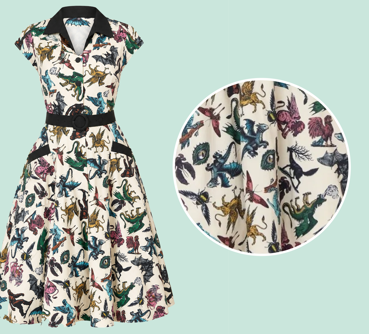 Unique Vintage Cryptid Print Hedda Swing Dress
