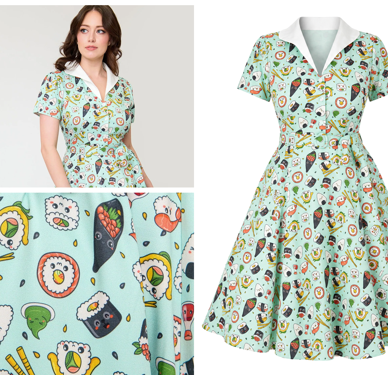 Unique Vintage Mint Sushi Print Shirt Dress