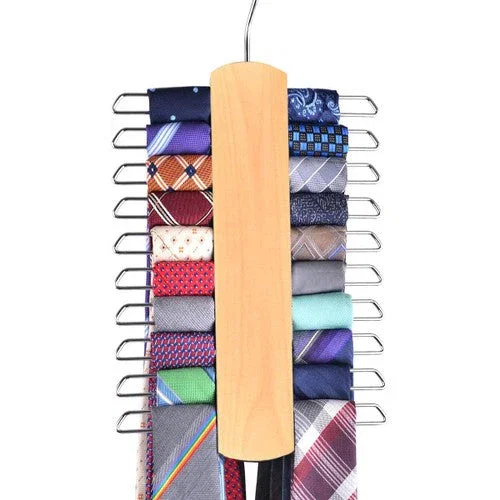 Image of Premium Wooden Necktie and Belt Hanger with a Non-Slip Finish - 20 Hooks