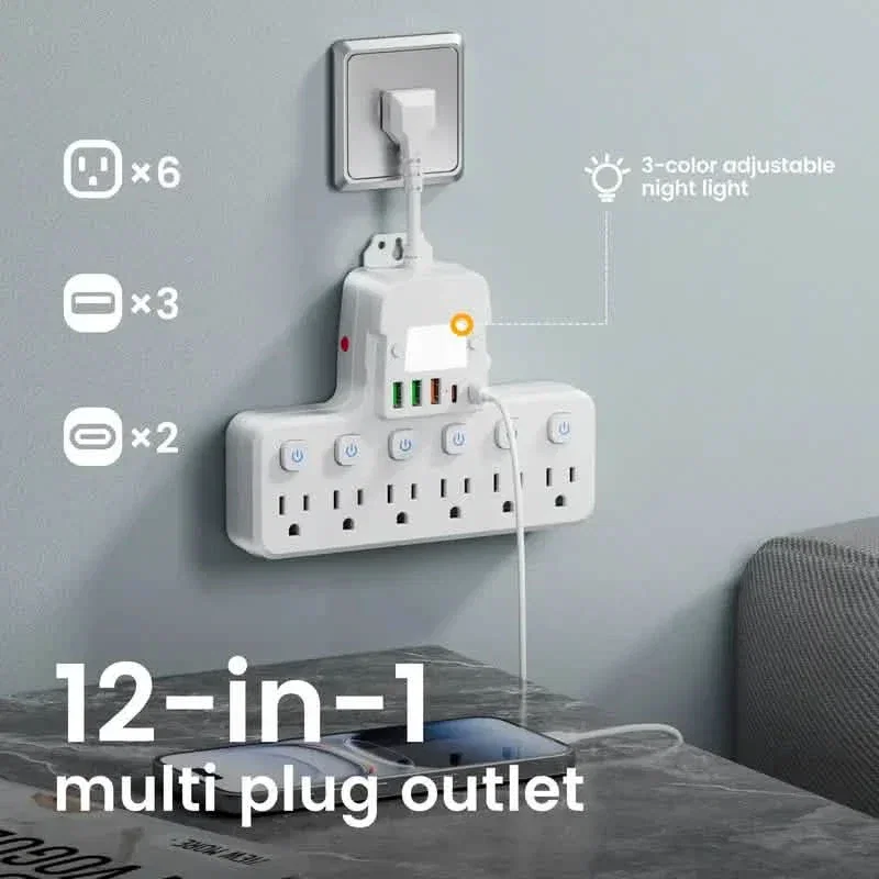 Image of 12-in-1 Adjustable Desk Lamp Power Strip – 6 AC Outlets, 3 USB-A & 2 Type-C Ports, Surge Protection