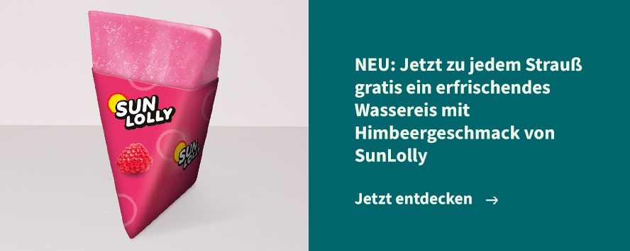 NEU: Jetzt zu jedem Strauß gratis ein erfrischendes Wassereis mit Himbeergeschmack von SunLolly 